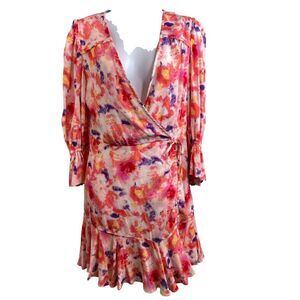 Betsey Johnson Women's Pink Floral Frilly Faux Wrap Coquette Mini Dress Size 6